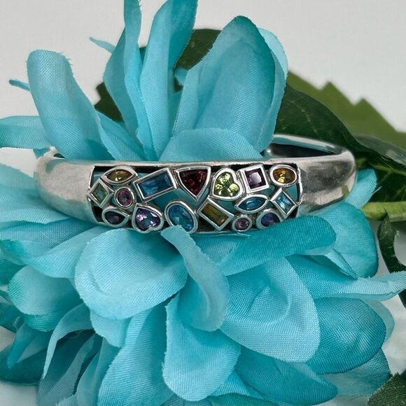 925 Sterling Silver Cuff Bracelet Women's Multicolor Multi Gemstone Crystals - Picture 3 of 5